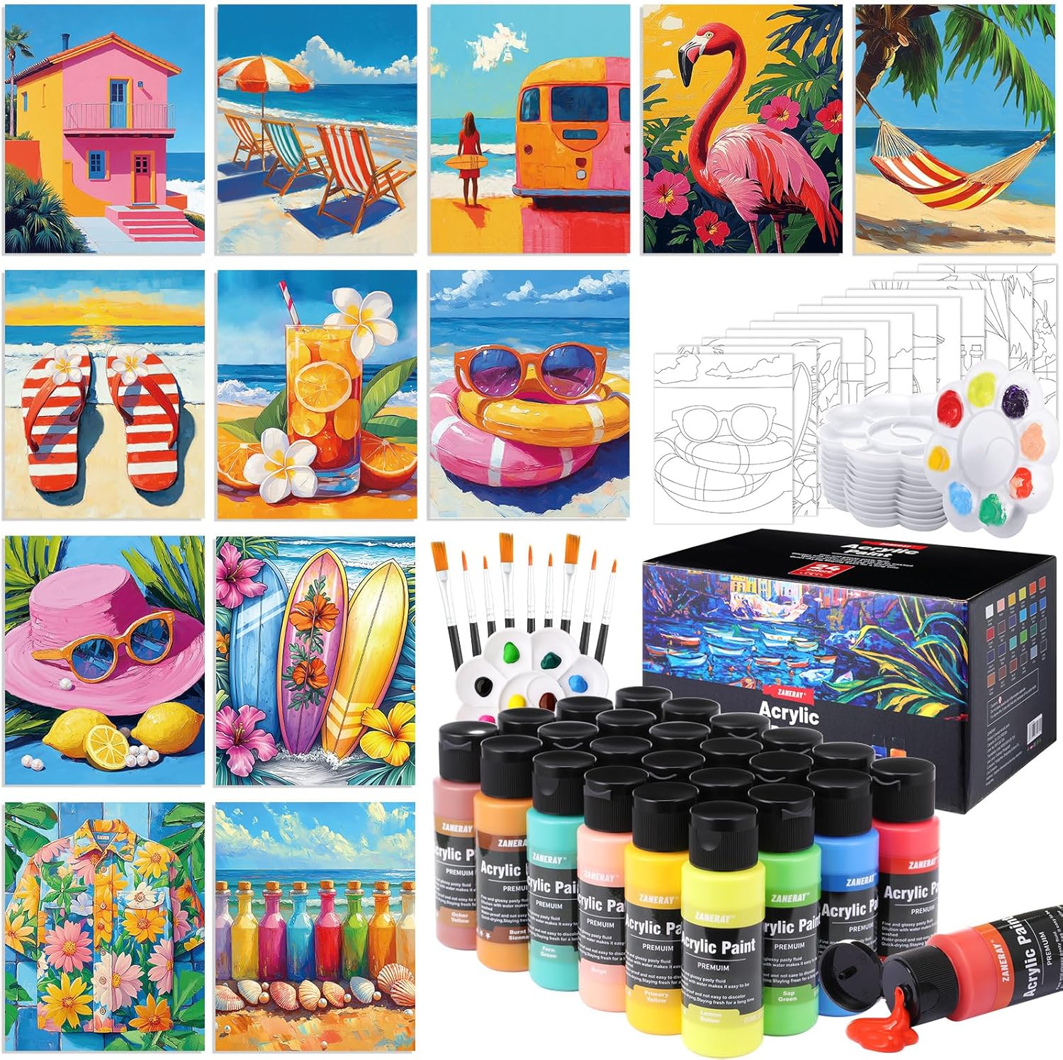 12 Set Paint and Sip Kit for Adults 8"x 10" Pre Drawn Canvas for Painting DlY Acrylic Paint Set with Brushes, 24 Colors(60ml, 2oz) for Date Night Party Supplies(Hawaii)