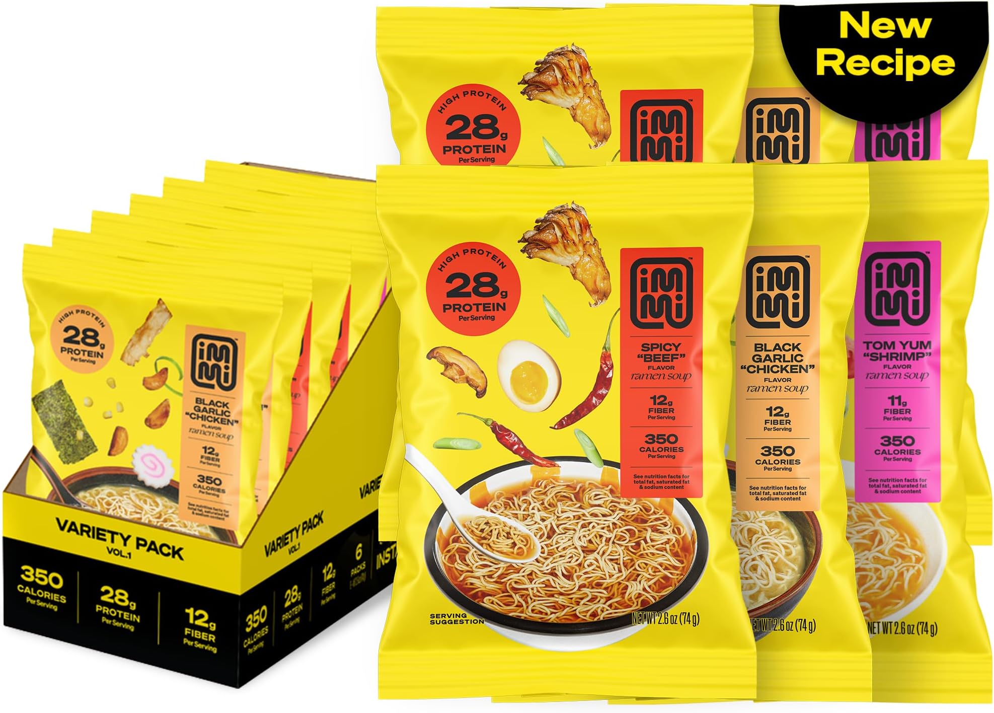 immi Variety Pack Ramen – Spicy “Beef,” Black Garlic “Chicken” & Tom Yum “Shrimp” – Vegan, High Protein Ramen Noodles – Low Carb, Zero Sugar – Healthy Keto-Friendly Ramen Bowls, 6-Pack