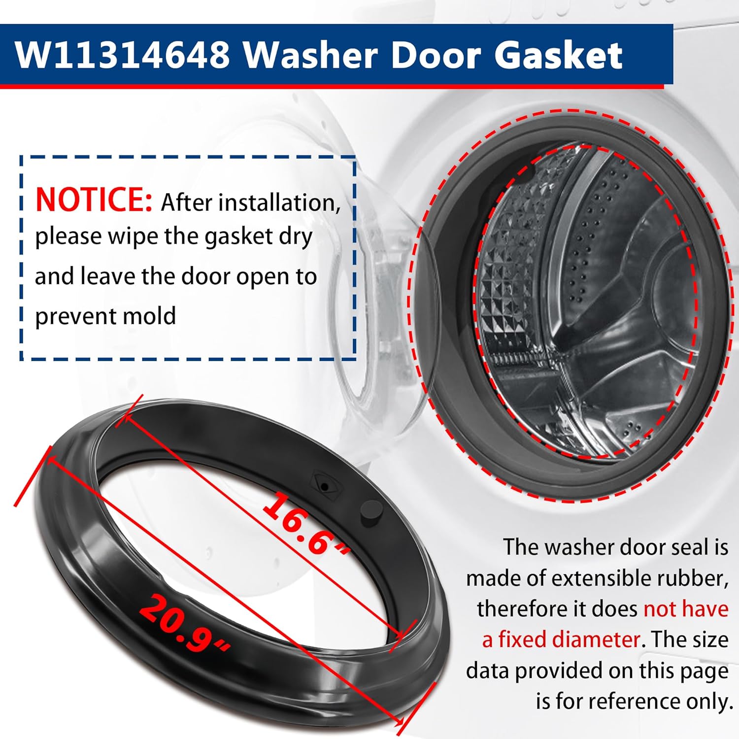 WFW5620HW0 WFW6620HC0 Washer Door Boot Seal Fit for Whirl-pool Front Loader WFW560CHW0 WFW560CHW1 WFW560CHW2 WFW5620HW1 WFW5620HW2 WFW6605MW0 WFW6620HC1 WFW6620HC2 WFW6620HW0 WFW6620HW1 WFW6620HW2