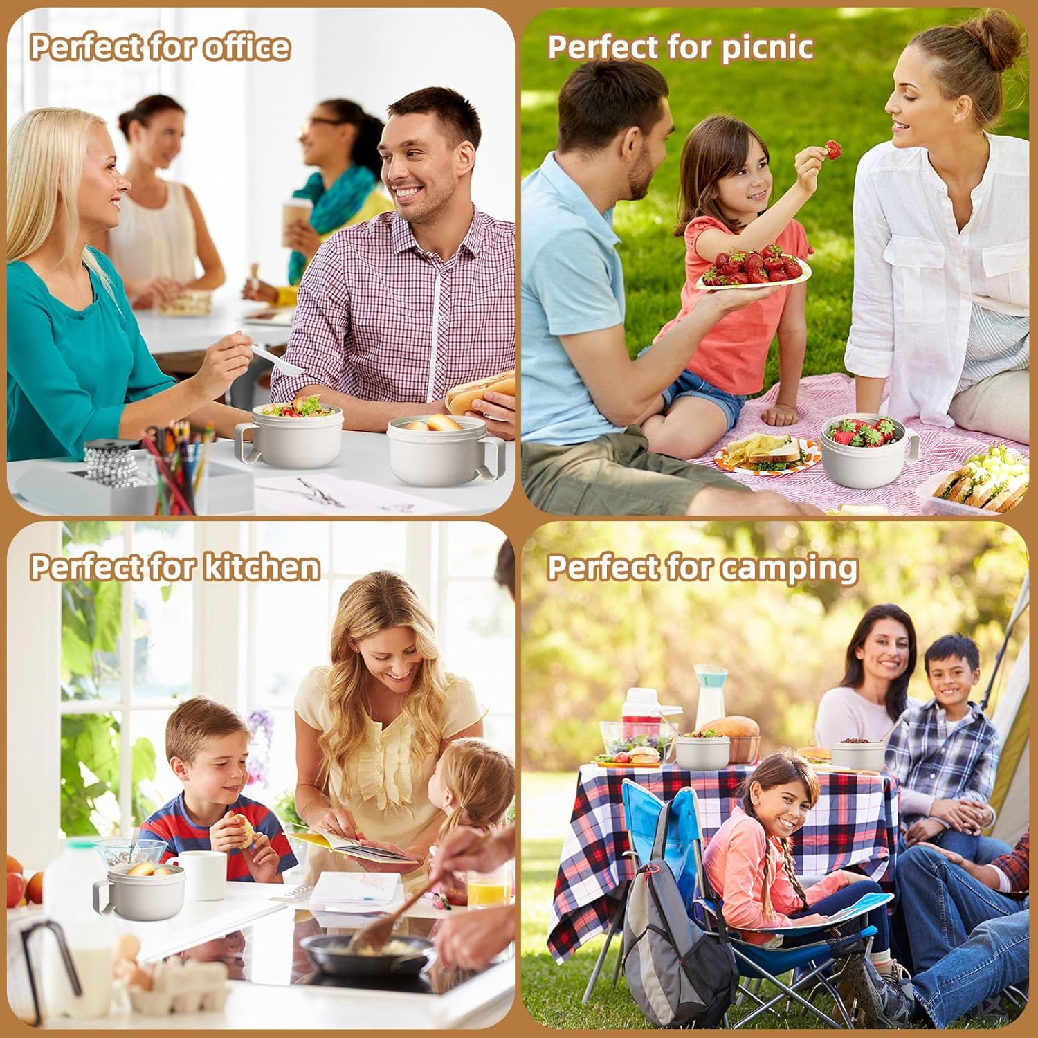 Maxdot 4 Pcs Microwave Ramen Bowl Microwavable Instant Soup Cups with Lids Large Soup Bowls with Handles Dishwasher Safe Mug for Cereal Food Container(Wheat Color)