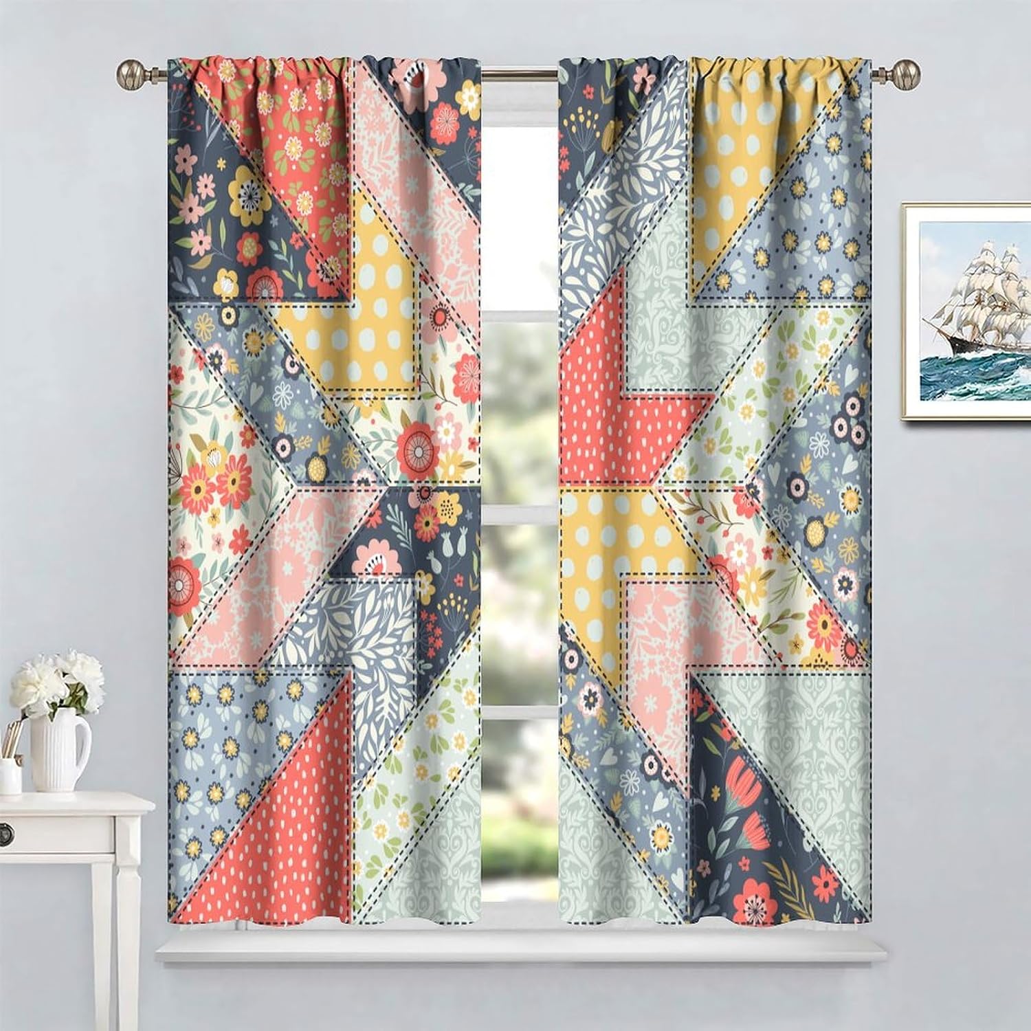 Boho Patchwork Blackout Curtains,Colorful Retro Mid-Century Floral Spring Plant Rustic Print Rod Pocket Window Treatments Drapes for Bedroom Living Room Kitchen Bath42x54in