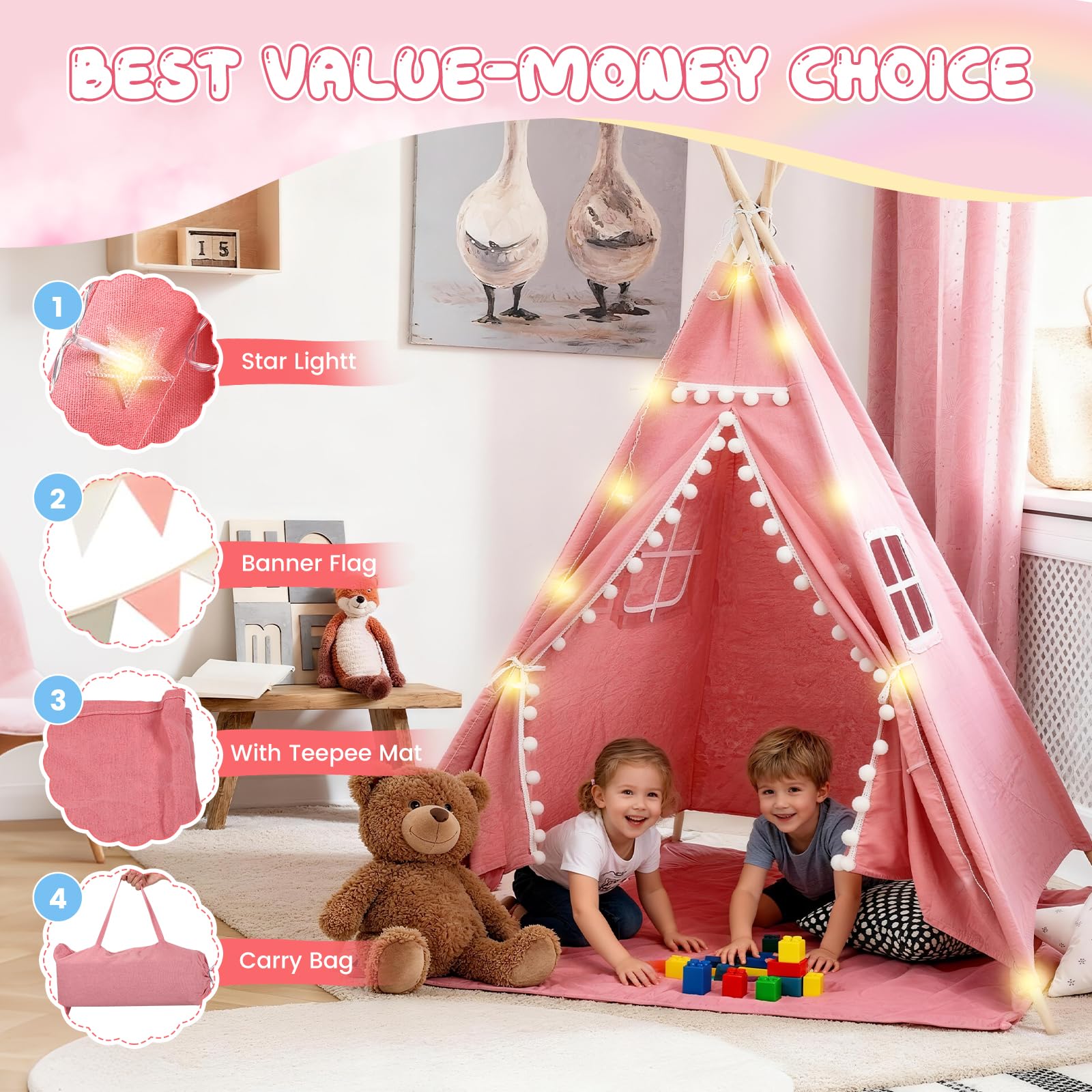 Tipi Zelt für Kinder 120x140cm, Tippi Kinderzelt Indoor Outdoor