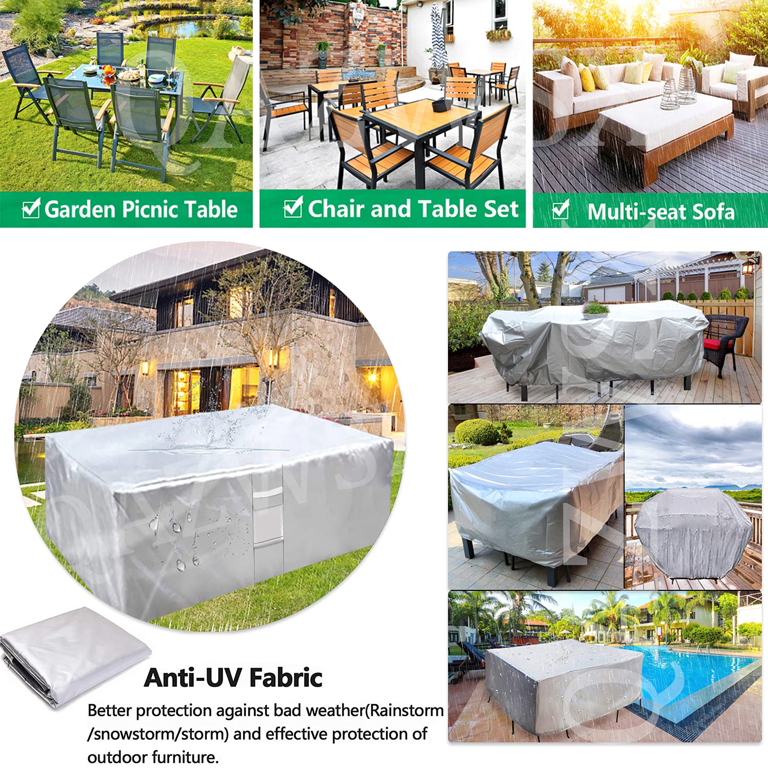 Housse imperméable et résistante pour meubles de terrasse d'extérieur en tissu Oxford 420D pour meubles de jardin, protection coupe-vent et anti-UV Gris argenté 200,7 x 160 x 68,6 cm