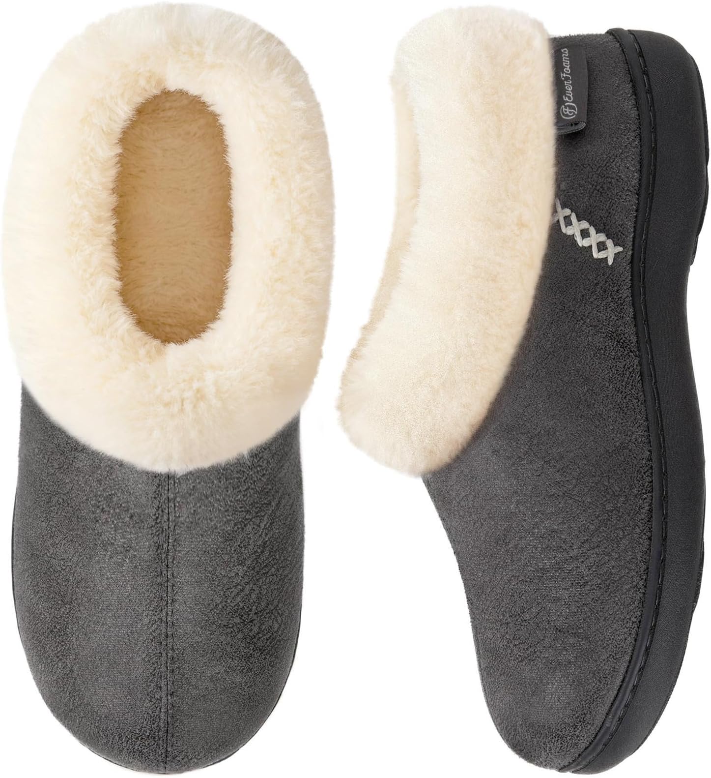 Women's Microsuede Cozy Memory Foam Winter Slippers with Fuzzy Faux Fur Collar and Indoor Outdoor Rubber Sole