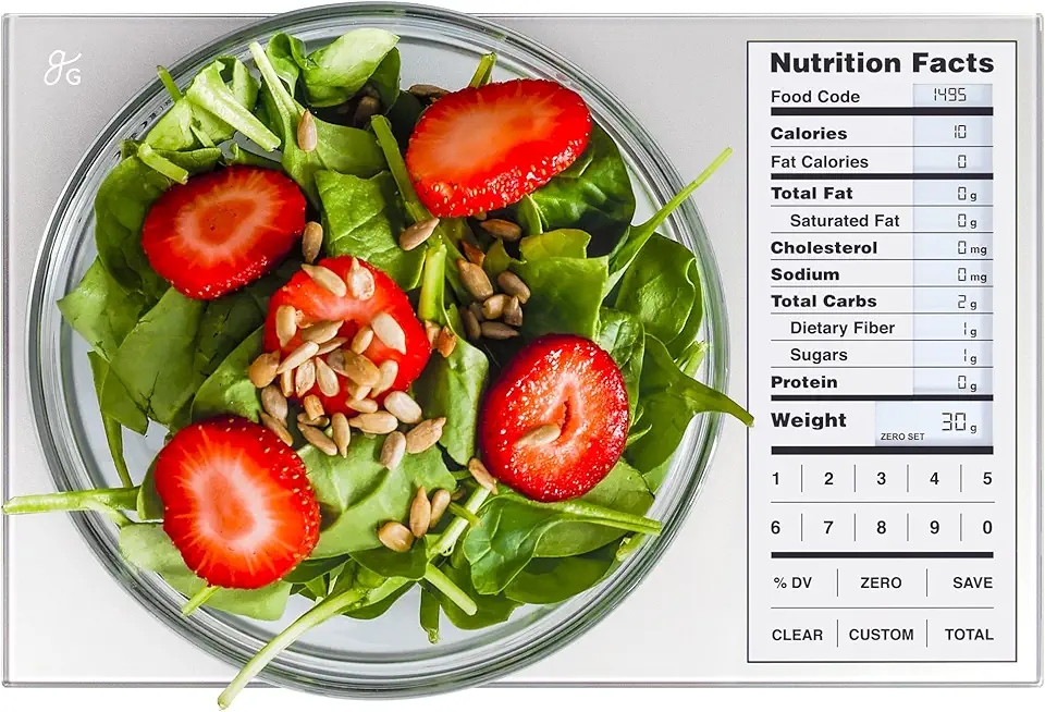Greater Goods Balança de alimentos com calculadora nutricional, balança de calorias não conectada para preparação de refeições, perda de peso, 2000 códigos de alimentos pré-carregados, balança de