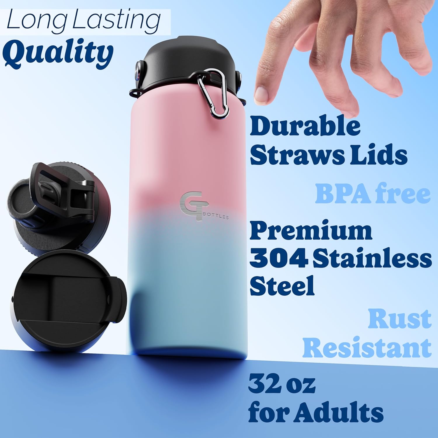 32oz Insulated Stainless Steel Water Bottle with 3 Lids & Paracord Handle – Leakproof Wide Mouth Metal Sports Bottle for Gym, School & Travel (Pink/Sky Blue, 32oz)
