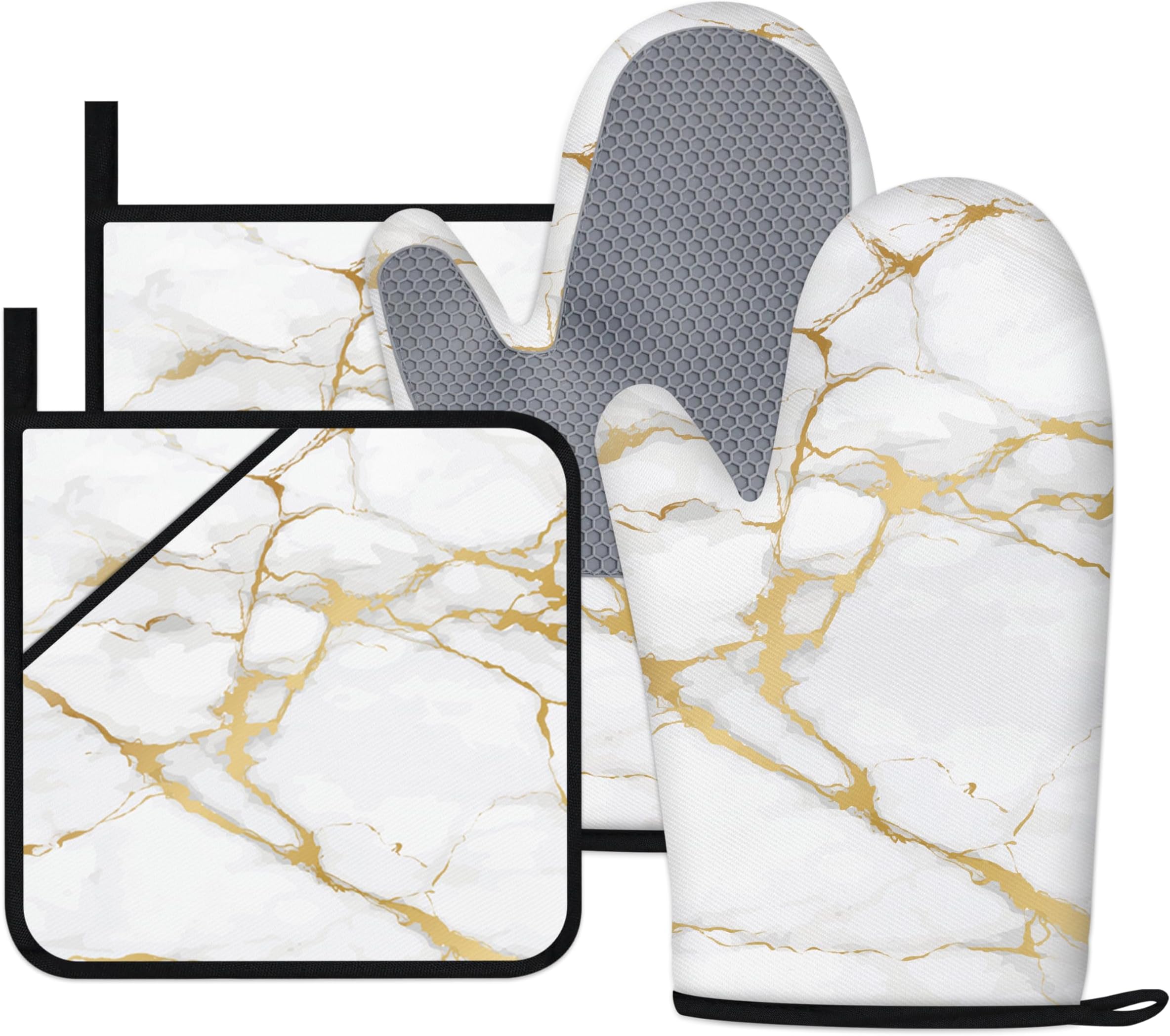 Oven Mitts and Pot Holders Sets White Gold Marble Kitchen Accessories of 4 Heat Resistant Oven Gloves Hot Pads with Non-Slip Silicone Surface for Chef Cooking Baking