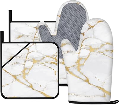 Oven Mitts and Pot Holders Sets White Gold Marble Kitchen Accessories of 4 Heat Resistant Oven Gloves Hot Pads with Non-Slip Silicone Surface for Chef Cooking Baking