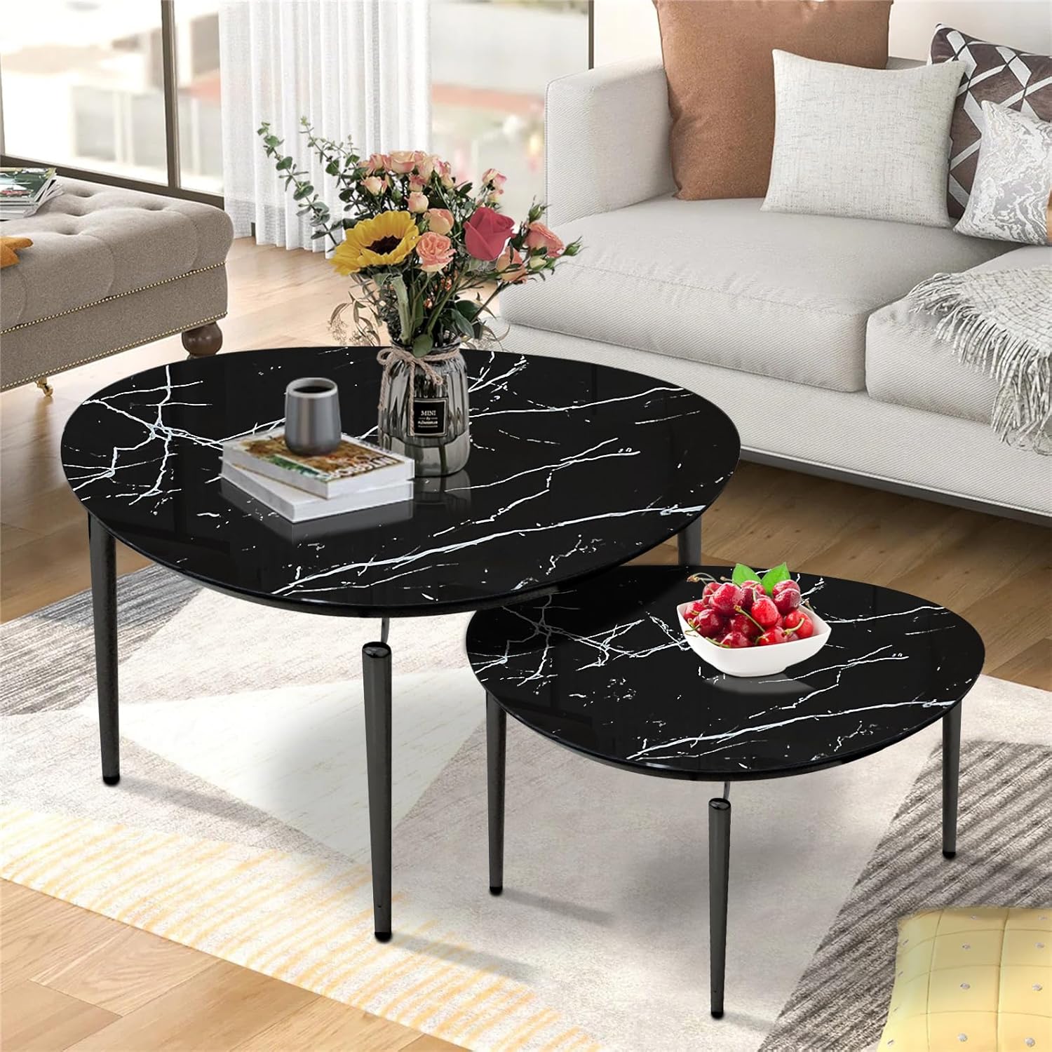 Amazon.com: Jesantab Oval Nesting Coffee Table Set of 2, Black Glass Top Side Table with Marble ...