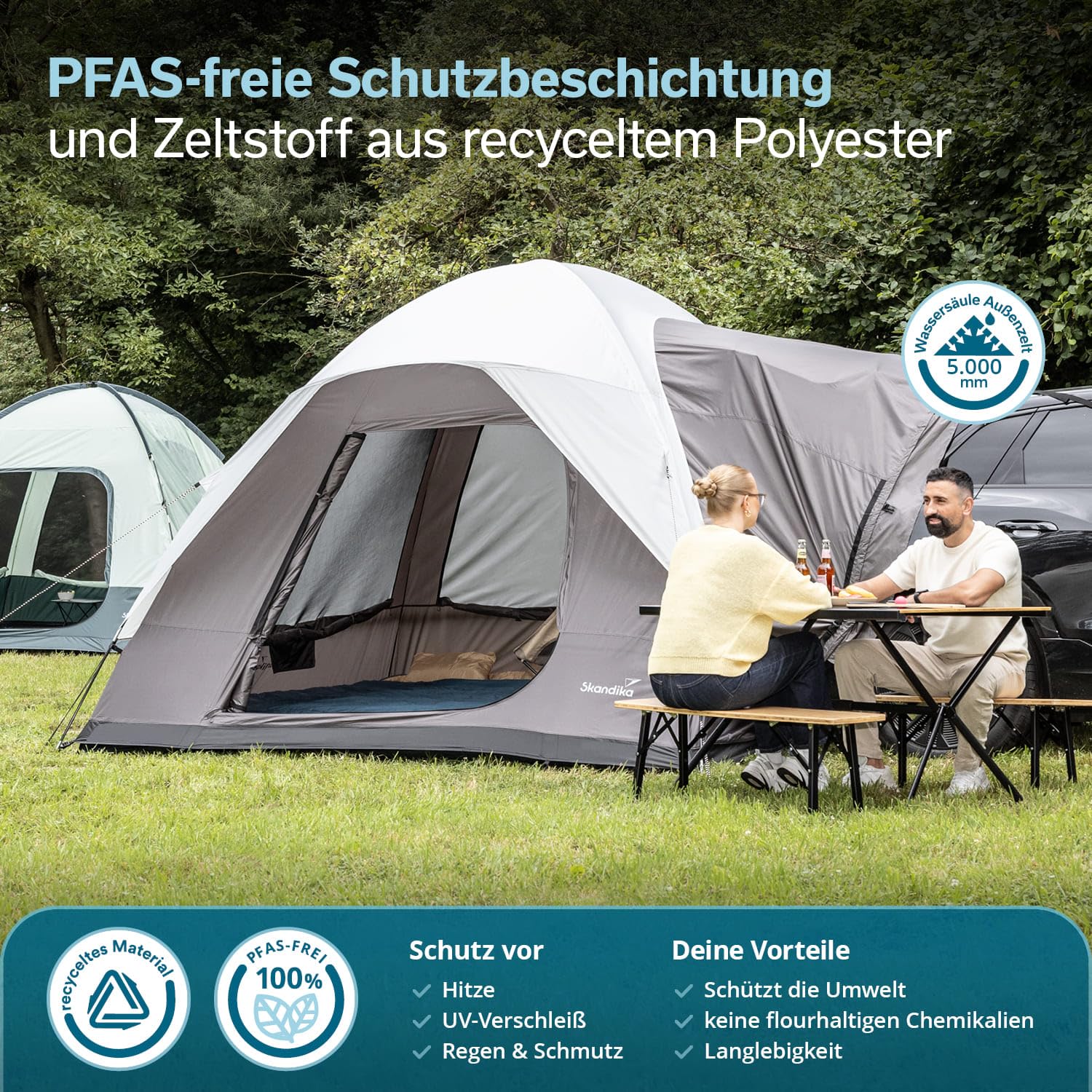 Skandika Heckzelt Pitea SUV Protect | 4 Personen, recyceltes Zeltmaterial, freistehend, eingenähter Zeltboden, 2,2 m Stehhöhe, Fenster, 5000 mm Wassersäule, Moskitonetze, 3 x 3 m | für Auto, SUV, Bus