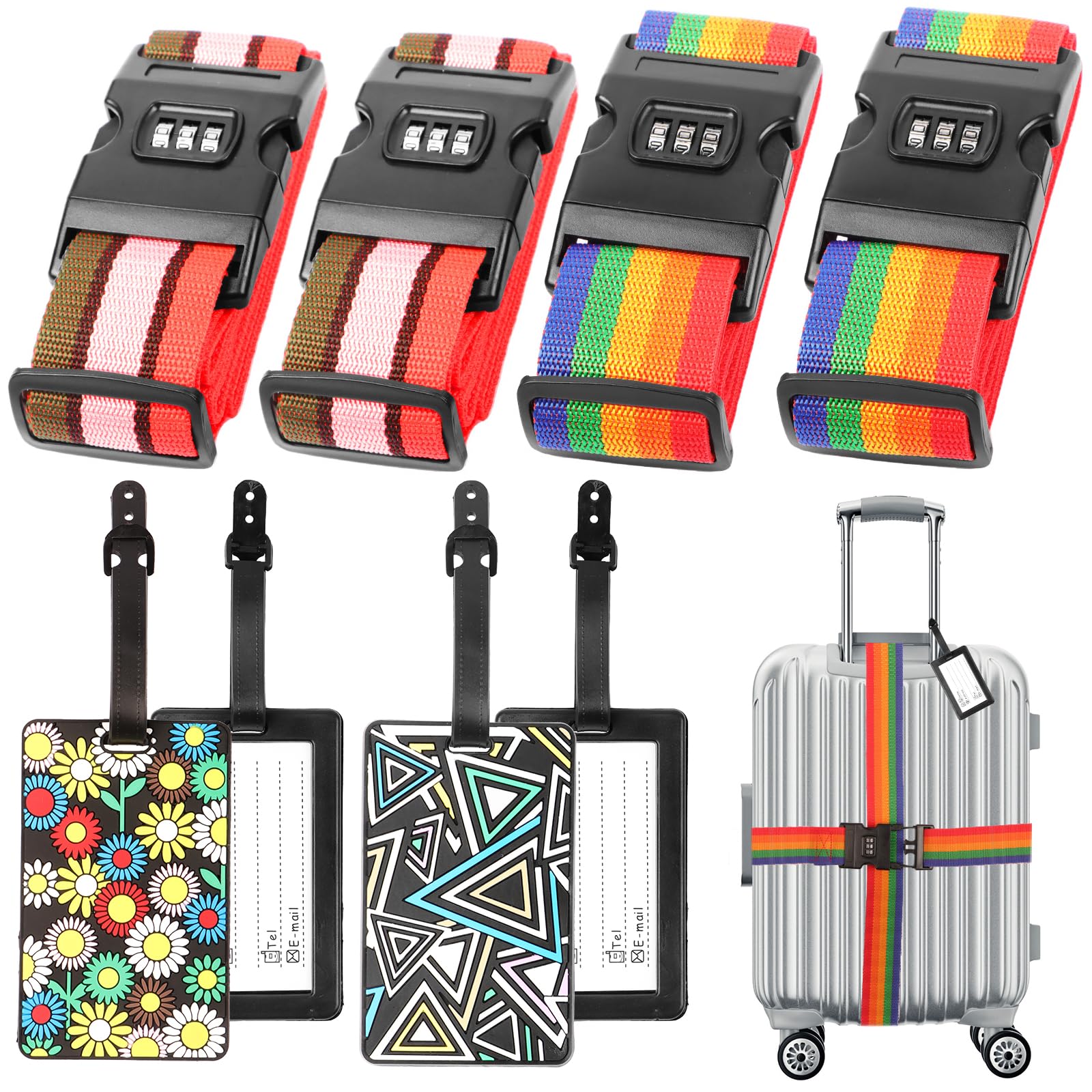 4 Sangles De Valise Réglables 200 X 5 Cm + 2 Étiquettes Bagage - Antidérapantes, Pour Voyage En Avion