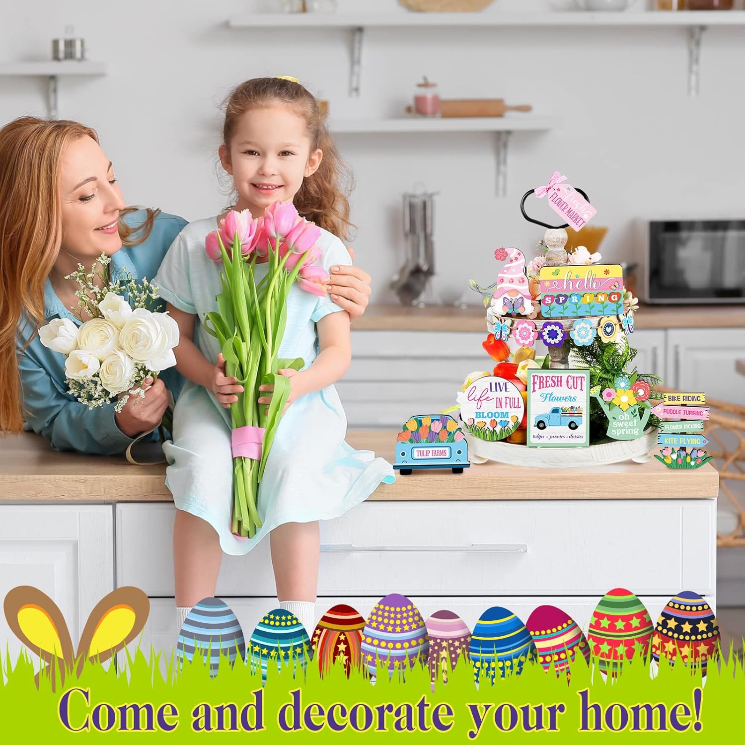 Amyhill 14 Pcs Spring Tiered Tray Decor Farmhouse Easter Tier Trays Decor Decorative Gnome Flower Butterfly Mini Wooden Sign Hello Spring Decorations for Home Table Indoor Decorations - Image 4