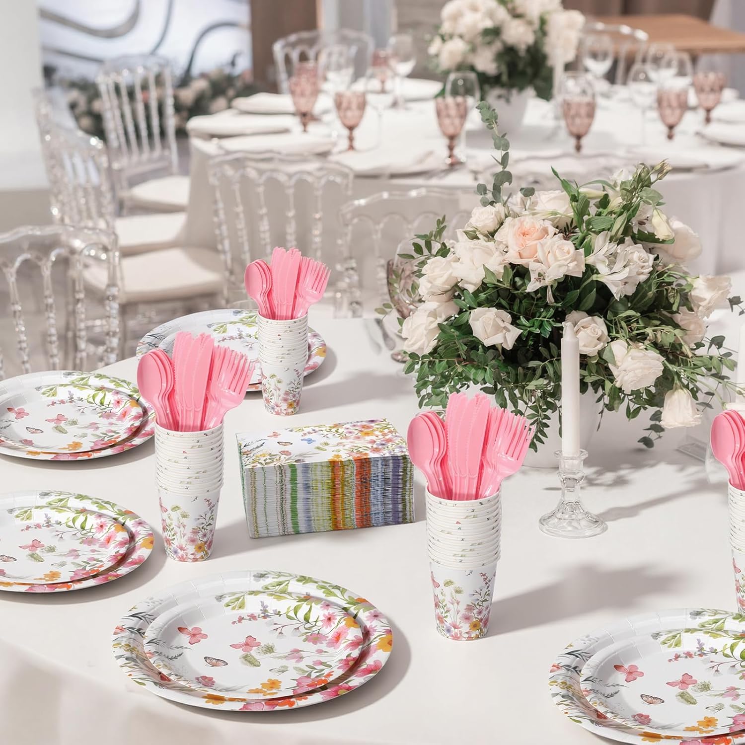 Sinmoe 400 Pcs Spring Plates and Napkins Set Paper Flower Dinnerware Disposable Party Supplies for 50 Guest Dinnerware Knife Fork Spoon for Spring Birthday Party (Pink,Floral)