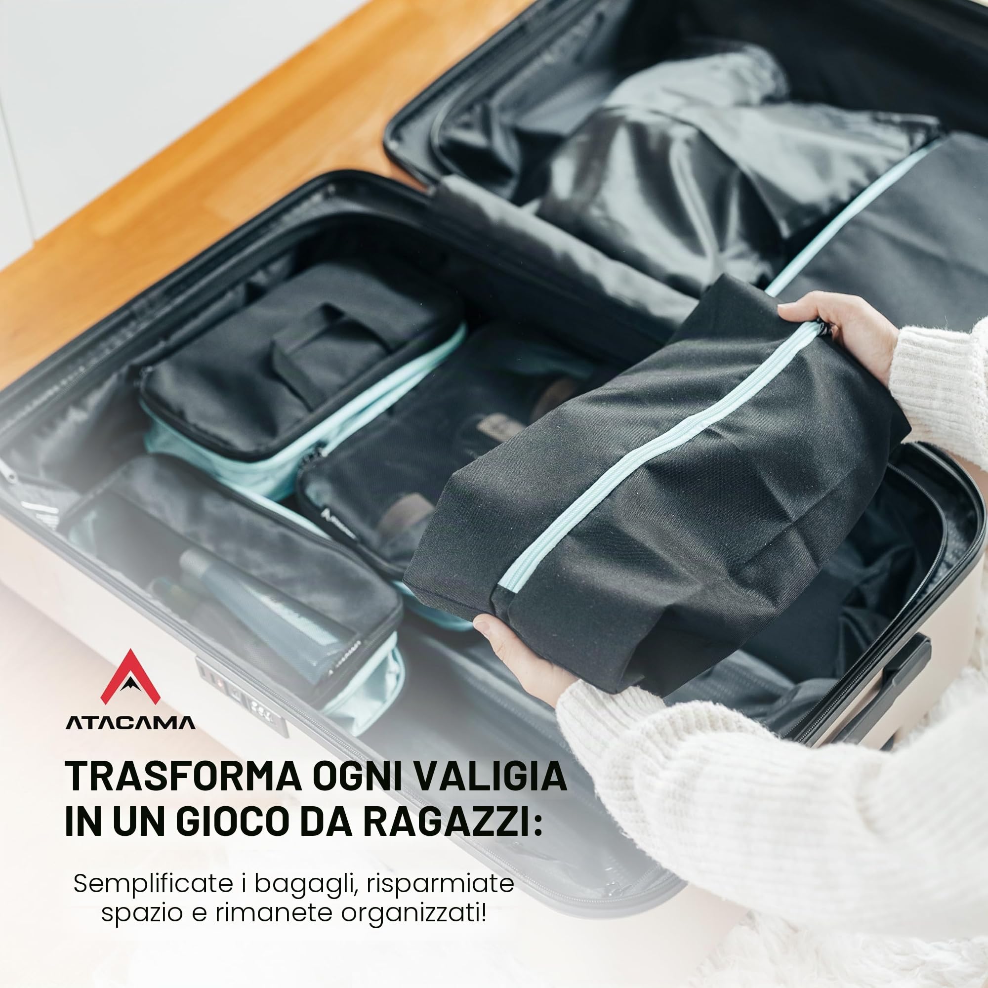 Atacama Set di dadi a compressione di alta qualità: chiusura lampo e doppie tasche, tasche con compressione per zaino e valigia, colore nero, set di 8