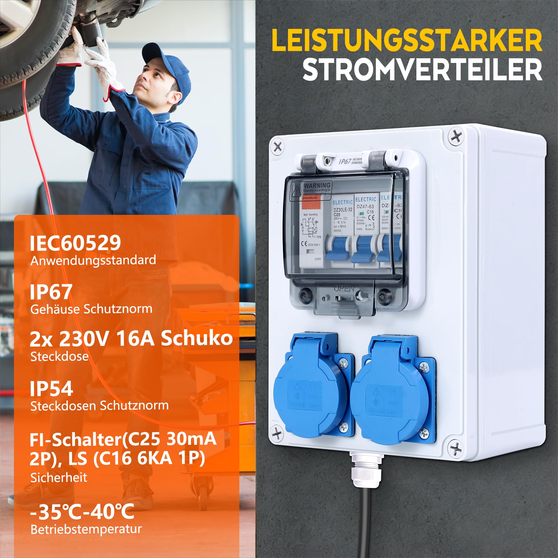 VAYALT Distribuidor de pared precableado, distribuidor de corriente para obras con interruptor FI, 25 A+LS, interruptor de protección 16 A, 2 enchufes Schuko de 230 V, carcasa resistente al agua IP67