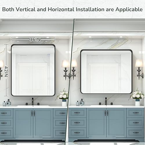 Miniatura 8 de TokeShimi Espejo de pared de baño negro mate de 16 x 24 pulgadas, marco de metal, esquina redonda, rectangular, para decoración del hogar, sala de