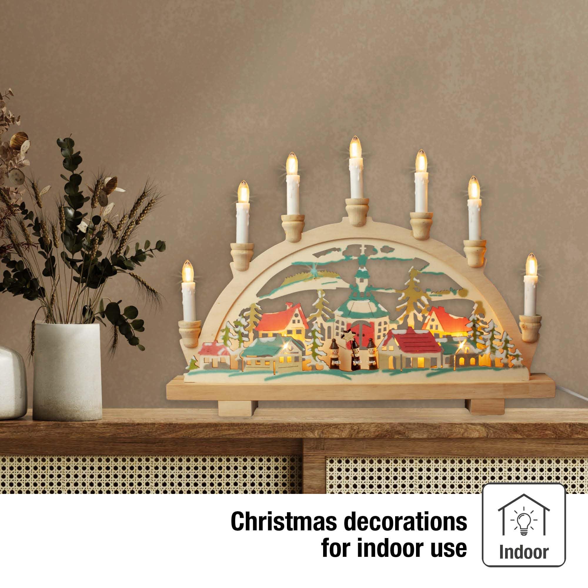 hellum 151817 Arche lumineuse, Décoration de Noël avec 10 bougies (+ 2 bougies de rechange) pour l'intérieur Motif chanteur d'étoiles en bois avec interrupteur et prise