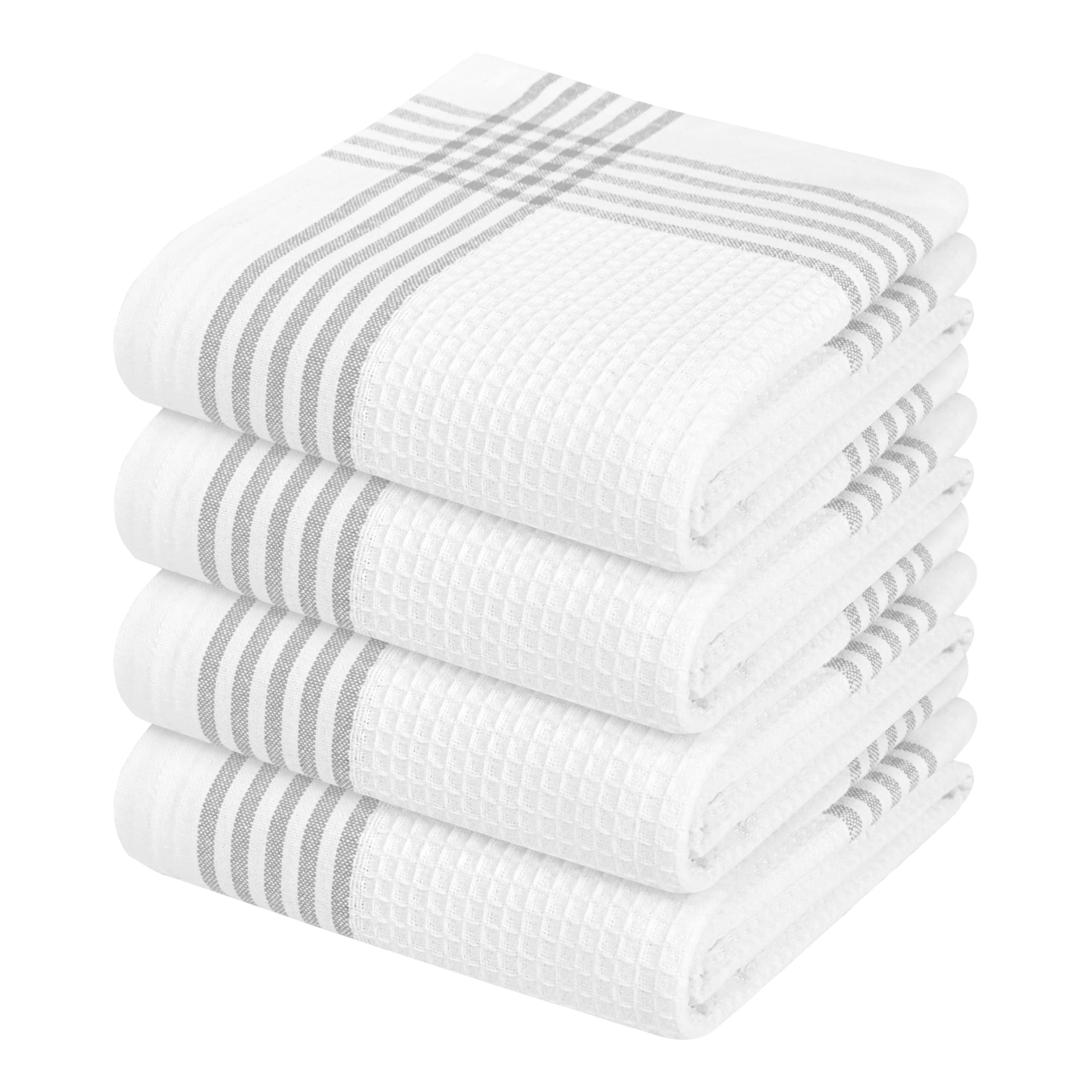Waffle White &amp; Grey Kitchen Towels 4 Pack, 100% Cotton, 16x26 inches, Quick Drying Dish Cloths, Absorbent Bar Mop Towels, Durable Kitchen Dishcloths Set for Daily Use