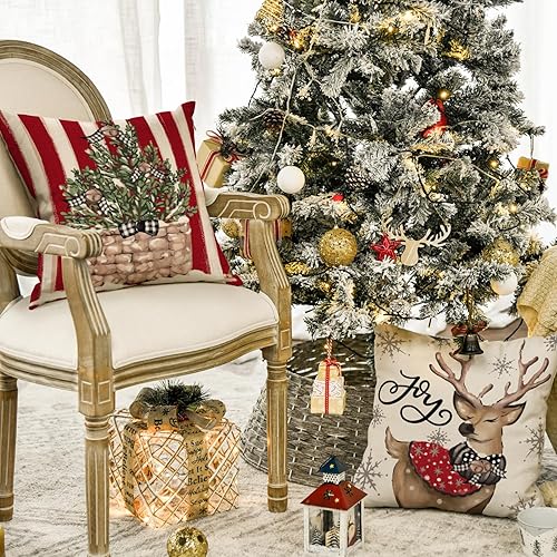 Miniatura 3 de AVOIN colorlife Juego de 4 fundas de almohada de Navidad, muñeco de nieve, reno, eucalipto, color rojo, 20 x 20 pulgadas, diseño de rayas de