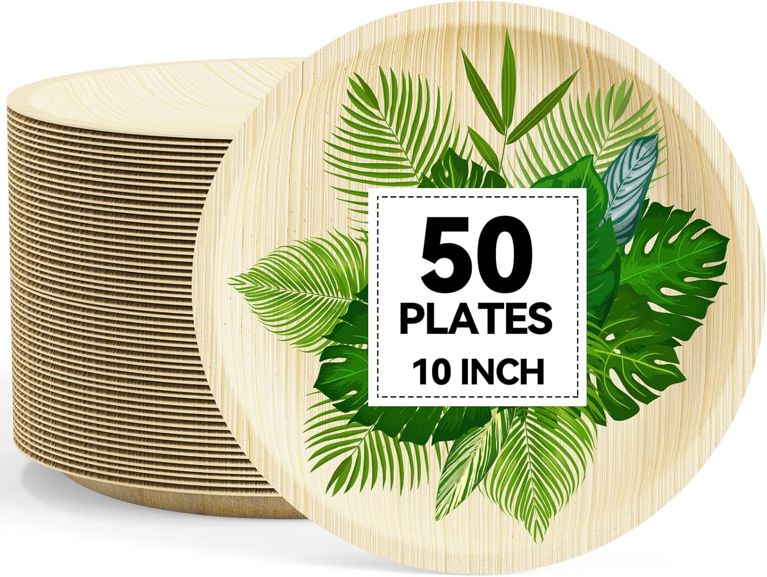 JOLLY CHEF Palm Leaf Plates, 50 Pack 10 Inch Bulk Disposable Like Bamboo Round Plates, Party Compostable Ideal for Dinner, Wedding, Party