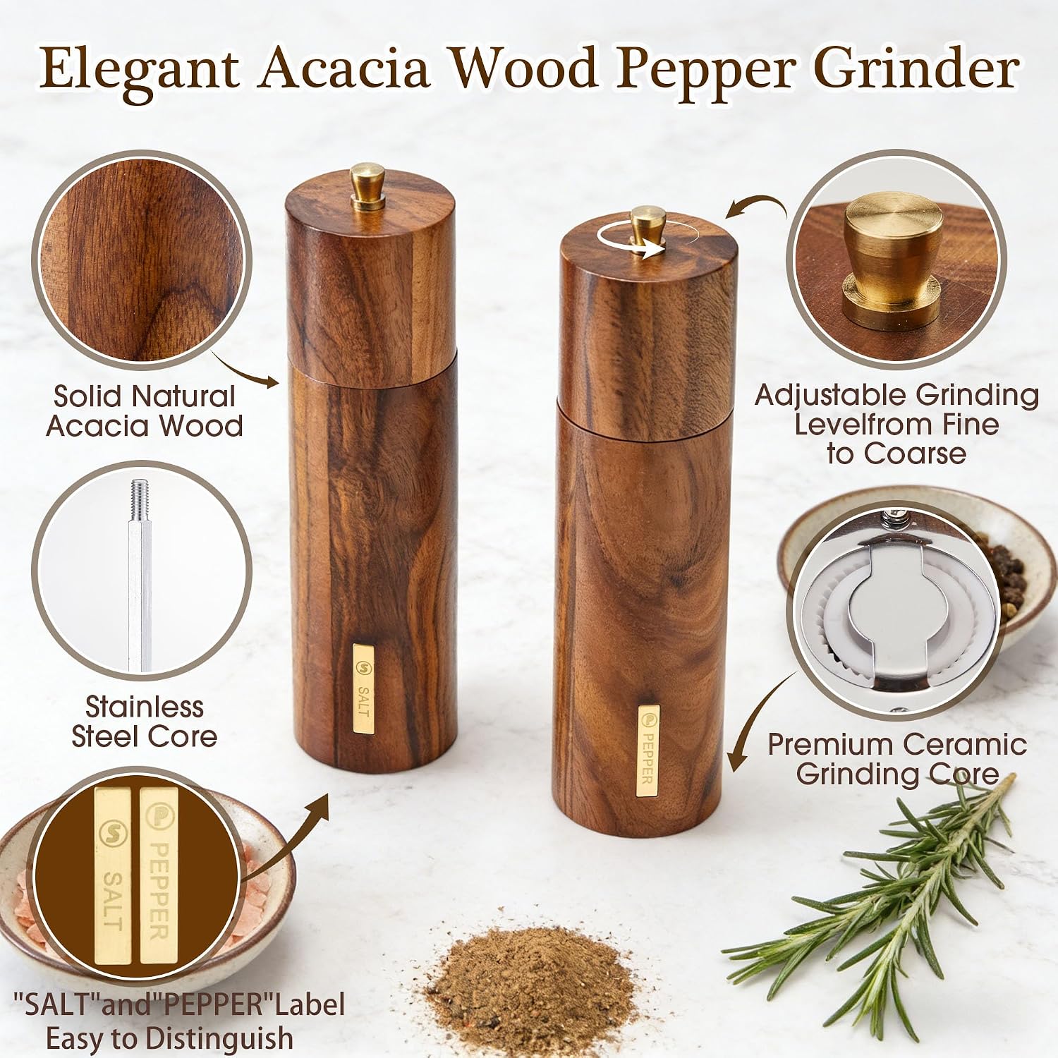 2 Pack Acacia Wooden Salt and Pepper Grinder Set with Gold Label, Premium 8 Inches salt and pepper shakers, Manual Wood Grinders with Adjustable Coarseness Ceramic Core, Ideal for Kitchen Home Gift