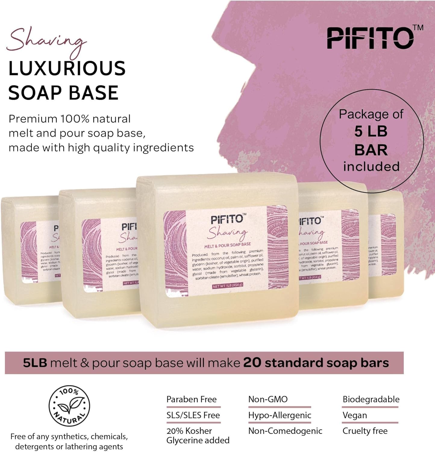 Pifito Shaving Premium Natural Glycerin Soap Base (5 lb) Luxurious Soap Making Supplies