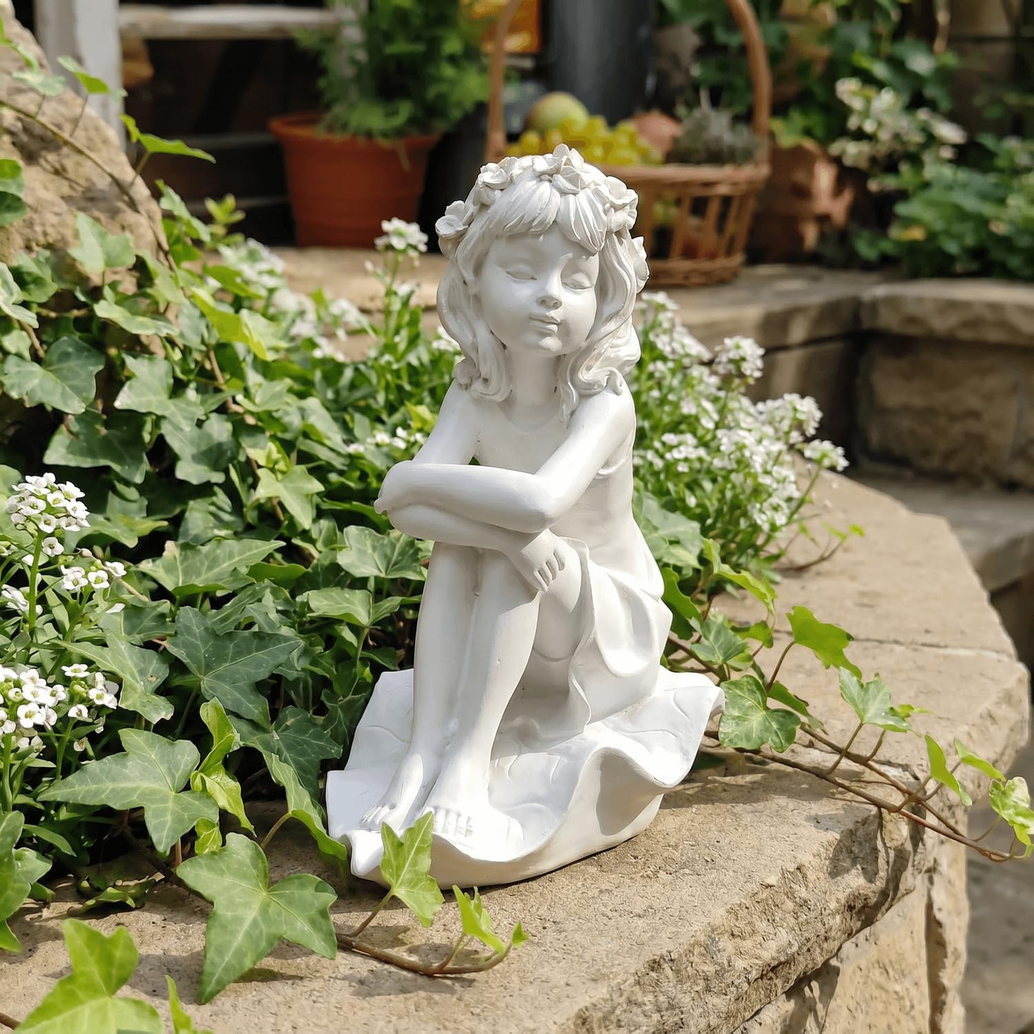 Moofar White Flower Fairy Figurine Statue Resin Sitting Fairy With Flower Crown Elegant Garden Sculpture For Home Decor