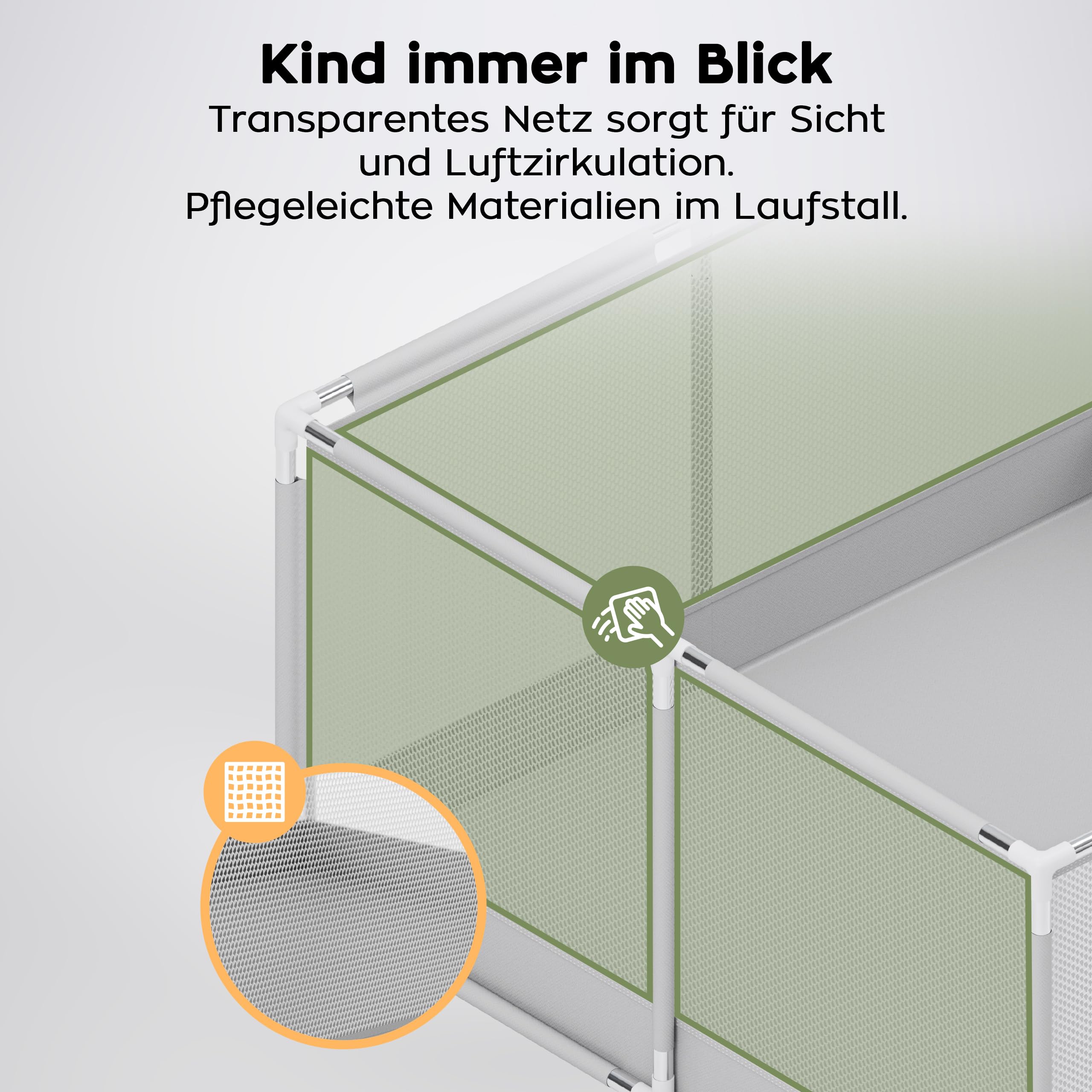 Tulano Cozy 28 Laufstall Baby 180x200 cm – Großes Laufgitter Baby mit atmungsaktivem Netz – Sicherer Playpen für Innen und Außen – Stabiler Metallrahmen – Kindgerechte Materialien – Hellgrau