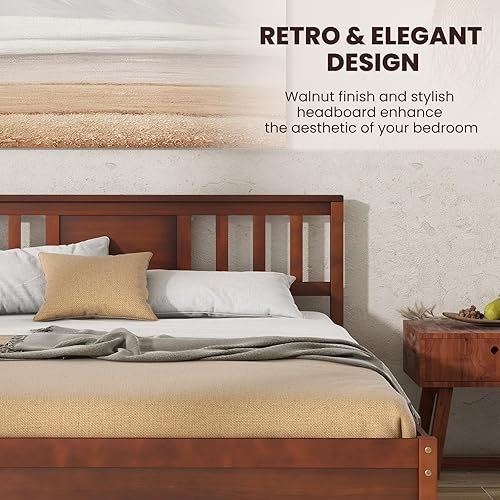 Miniatura 5 de Giantex Marco de cama de plataforma de madera maciza de tamaño matrimonial, marco de cama matrimonial de mediados de siglo con cabecero, soporte de