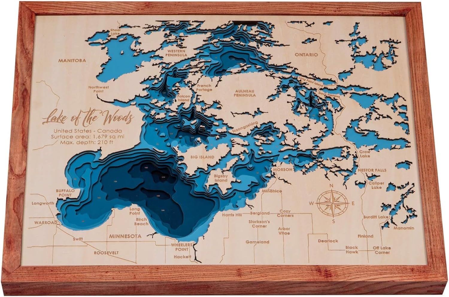 Personalized 3D Lake of The Woods Wood Map | Lake Depth Map Art | 8-Layer Nautical Decor | Rustic Wall Art for Lake House, Cabin | Gifts for 5th Anniversary, Father’s Day, Christmas, Housewarming