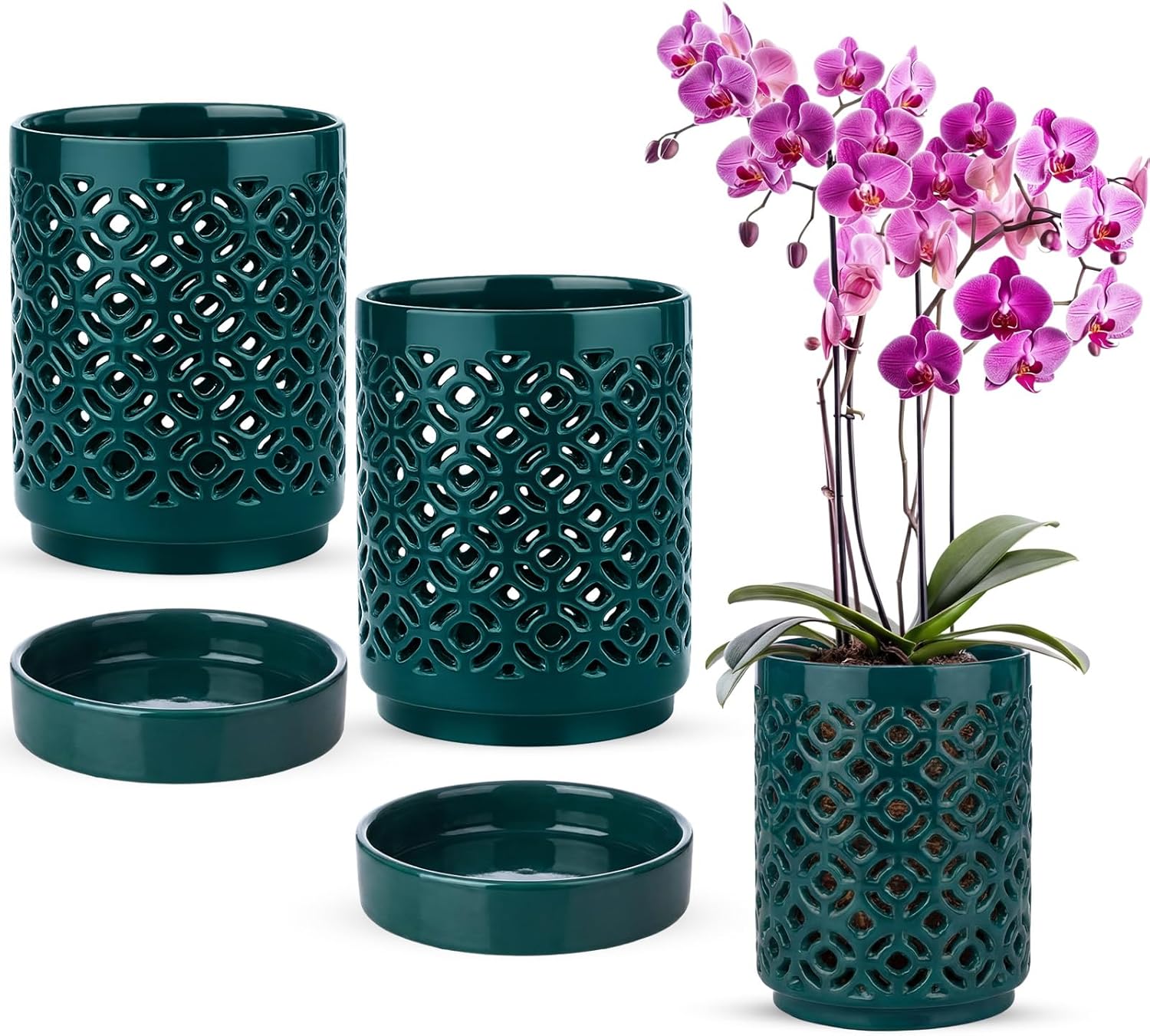 2 Pack 4 Inch Orchid Pots with Holes and Saucers, Ceramic Orchid Pot for Repotting, Flower Planter Pot Indoor Outdoor, Breathable Slotted Orchids Planter Gifts for Moms (Green)