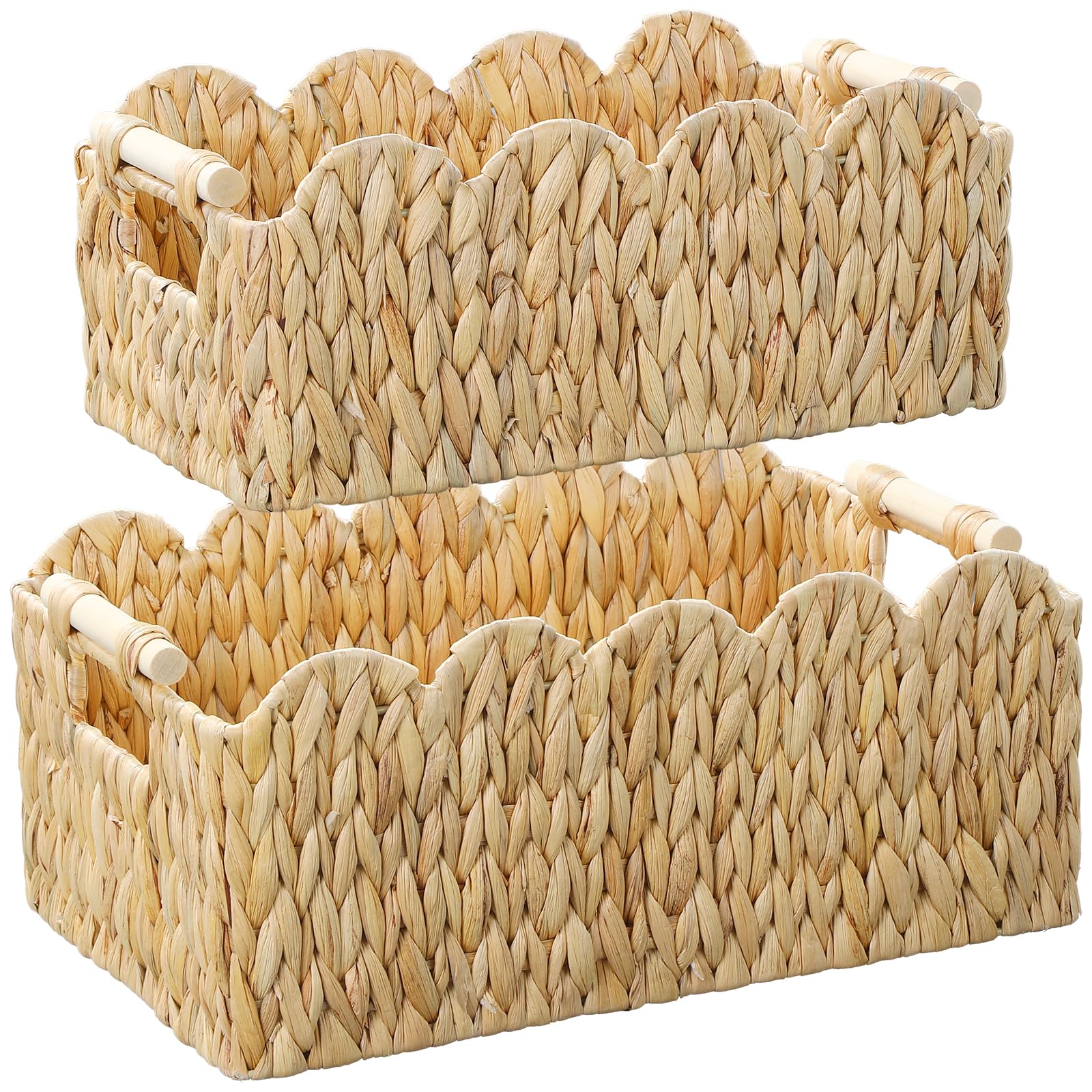 Coeusy Scalloped Wicker Basket,2 Pack Hand-Woven Rattan Basket with Wooden Handles,Water Hyacinth Basket for Organizing and Decor,Medium & Large
