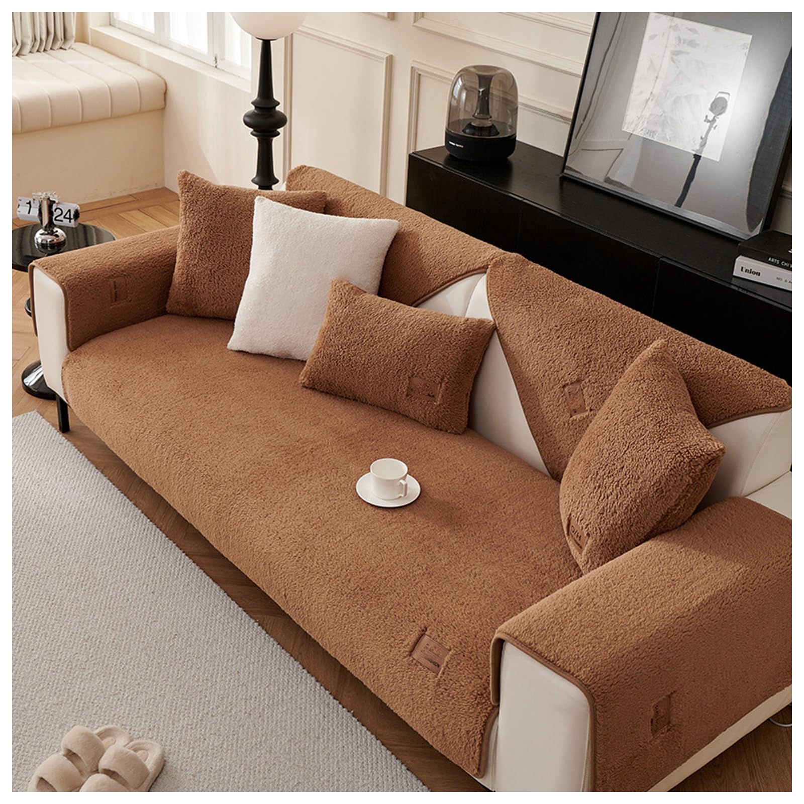 Thick Fuzzy Sherpa Fleece Non-Slip Sofa Cover, Non Slip Sofa Cover, Fuzzy Couch Cover, Washable 1/2/3 Seater Pure Color Sectional Sofa Protector (brown,45 * 45cm(pillowcase))