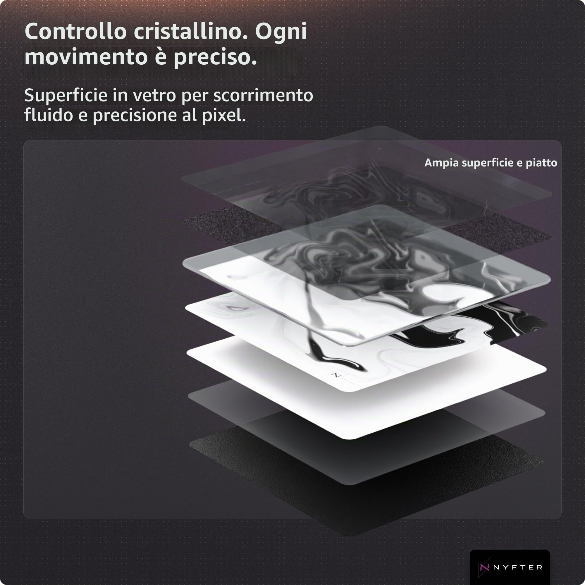Nyfter Tappetino per mouse da gioco in vetro, 50 x 50 cm, superficie ultra precisa, vetro temperato, antiscivolo, bordi arrotondati, perfetto Glide – Premium Mouse Pad/Glasspad per Esports & Gaming
