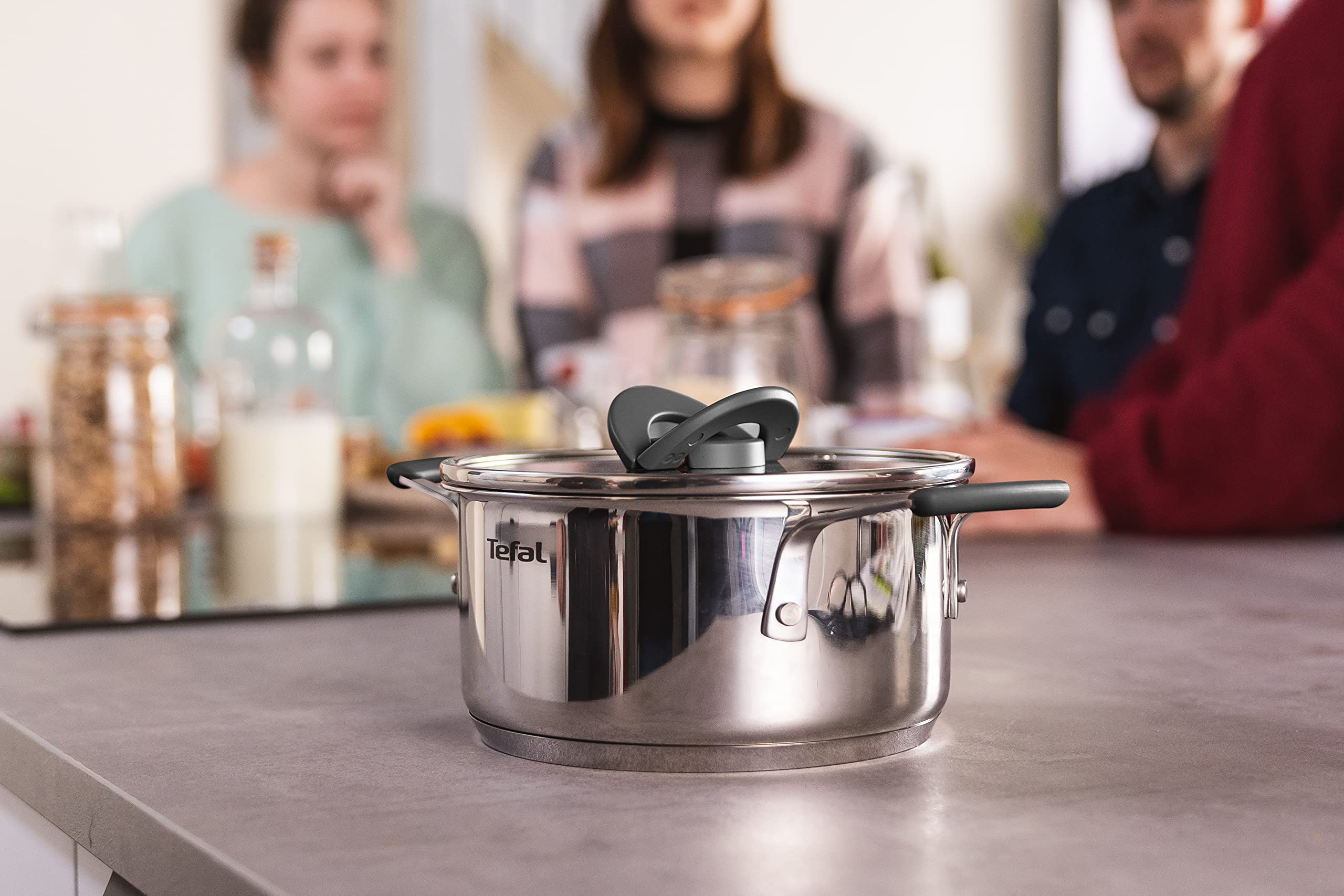 Tefal G7376S Opti'Space Topfset 6-teilig | Stielkasserolle 16 cm (inkl. Deckel) | Kochtöpfe 20/24 cm (inkl. Deckel) | Edelstahl | Thermo-Fusion-Boden | für alle Herdarten | Induktion | Grau