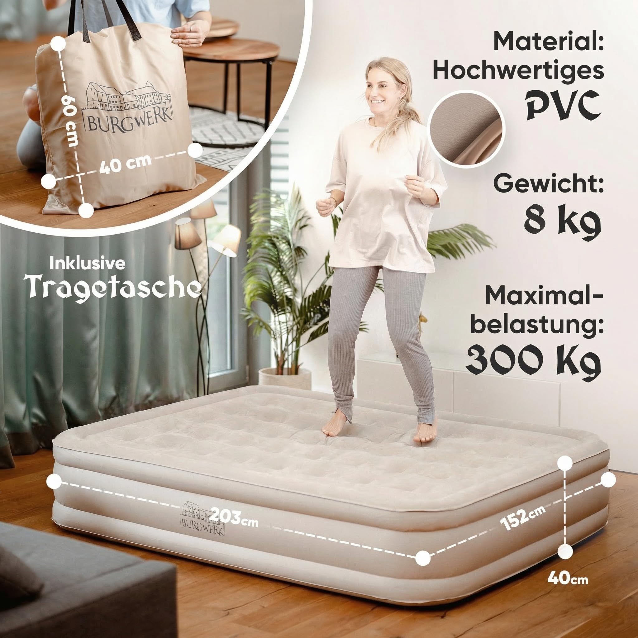 Burgwerk Luftbett für 2 Personen | Edles Gästebett & Campingbett | Aufblasbare Matratze mit Elektropumpe 150x200 | Selbstaufblasende Luftmatratze