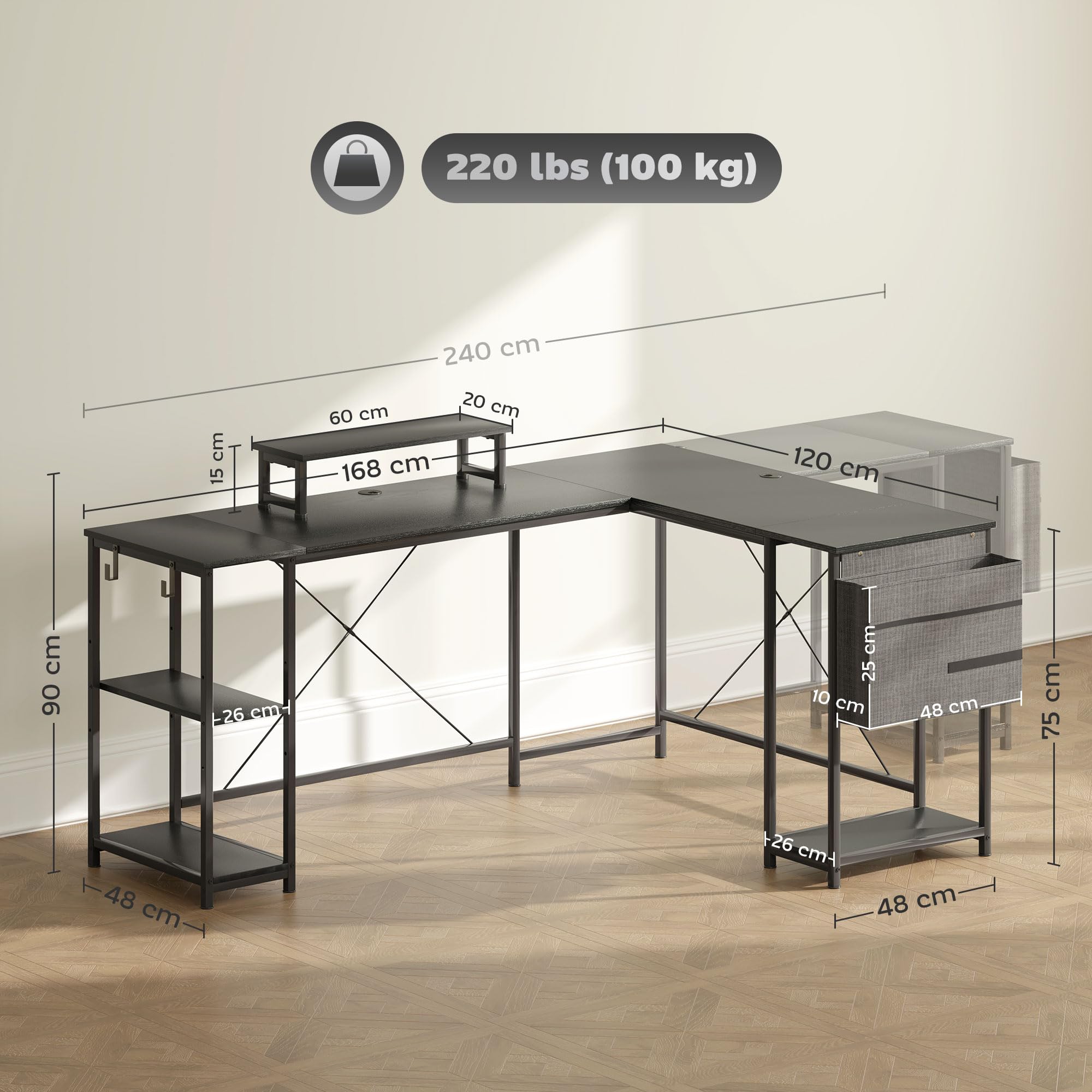 HOMCOM Escritorio en L Reversible 168cm, Estante Ajustable 240cm, Negro