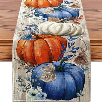 Artscope Pumpkins Eucalyptus Leaves Fall Table Runner,Autumn Seasonal Kitchen Dining Table Decoration for Fall Home Decor 13x72 Inch-Light-Colored Wood