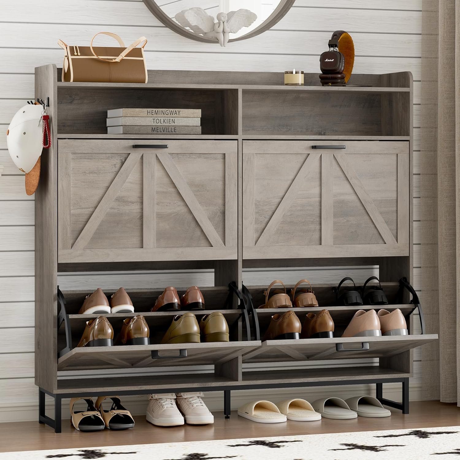 Shoe Cabinet with 4 Flip Drawers Narrow Shoe Storage Cabinet Organizer Wooden Freestanding Shoe Rack Hidden Slim Shoes Storage Cabinet for Entryway, Hallway, Living Room, Bedroom