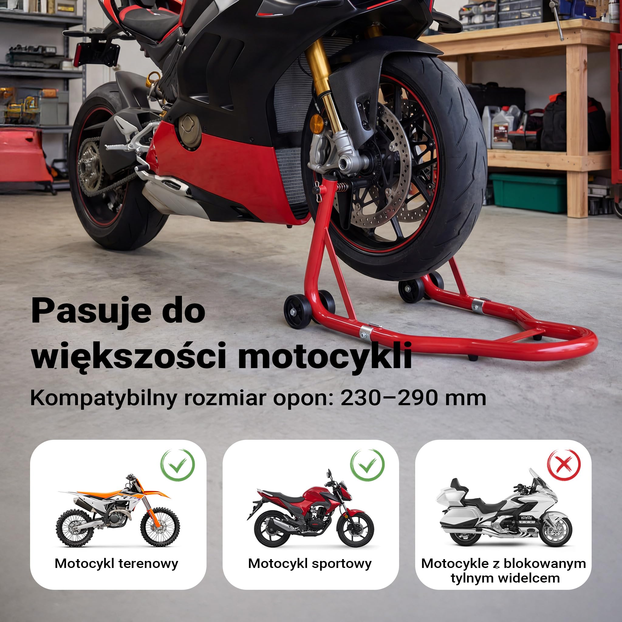 Wiltec Stojak na motocykl o wymiarach 670 x 445 mm do przedniego koła o szerokości 230-290 mm, stojak do serwisu koła motocyklu