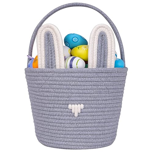 CubesLand Cesta de conejo de Pascua gris para niños y niños, cesta de Pascua de caramelo, cubos de conejo con orejas, bonitas bolsas de regalo para