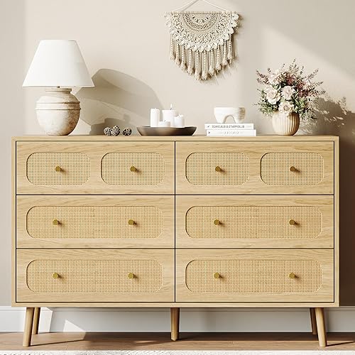 SINROM® Cómoda de ratán para dormitorio, cómoda moderna de 6 cajones con asas doradas, cómoda de almacenamiento de madera para dormitorio, sala de