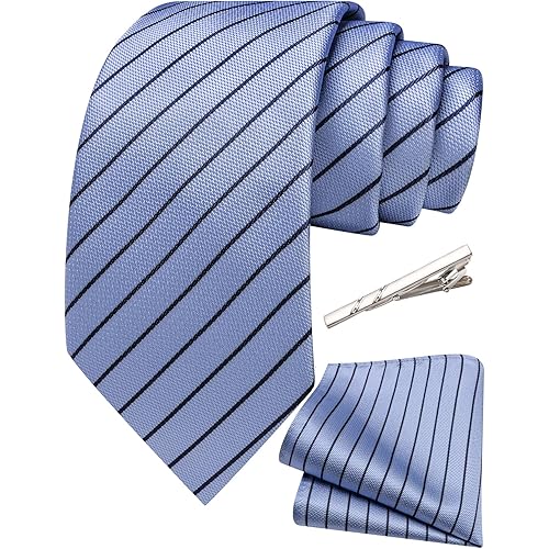 63 inches Extra Long Ties for Big and Tall Men Silk Striped Necktie Pocket Square Tie Clip Set Business Wedding