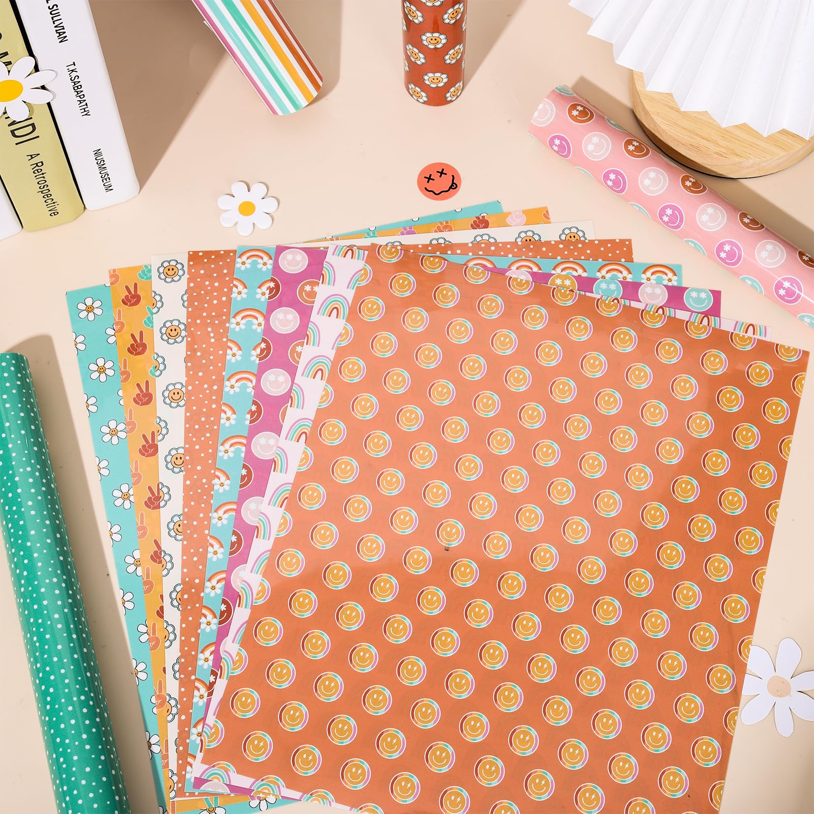 Whaline Boho Heat Transfer Vinyl - 12 Sheets Daisy Rainbow Printed HTV For DIY Clothing & Crafts