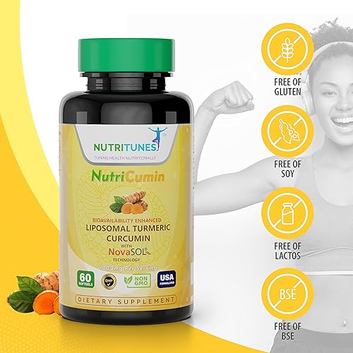 Miniatura 6 de NutriCumin 1000mg Curcumina de cúrcuma liposomal con NovaSOL (60 cápsulas blandas)  para la salud de las articulaciones, sin OMG, certificado GMP y