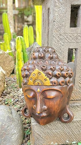 Miniatura 3 de Máscara de Buda de madera natural con toque dorado, exquisita artesanía de Bali para serenidad y elegancia, decoración de pared
