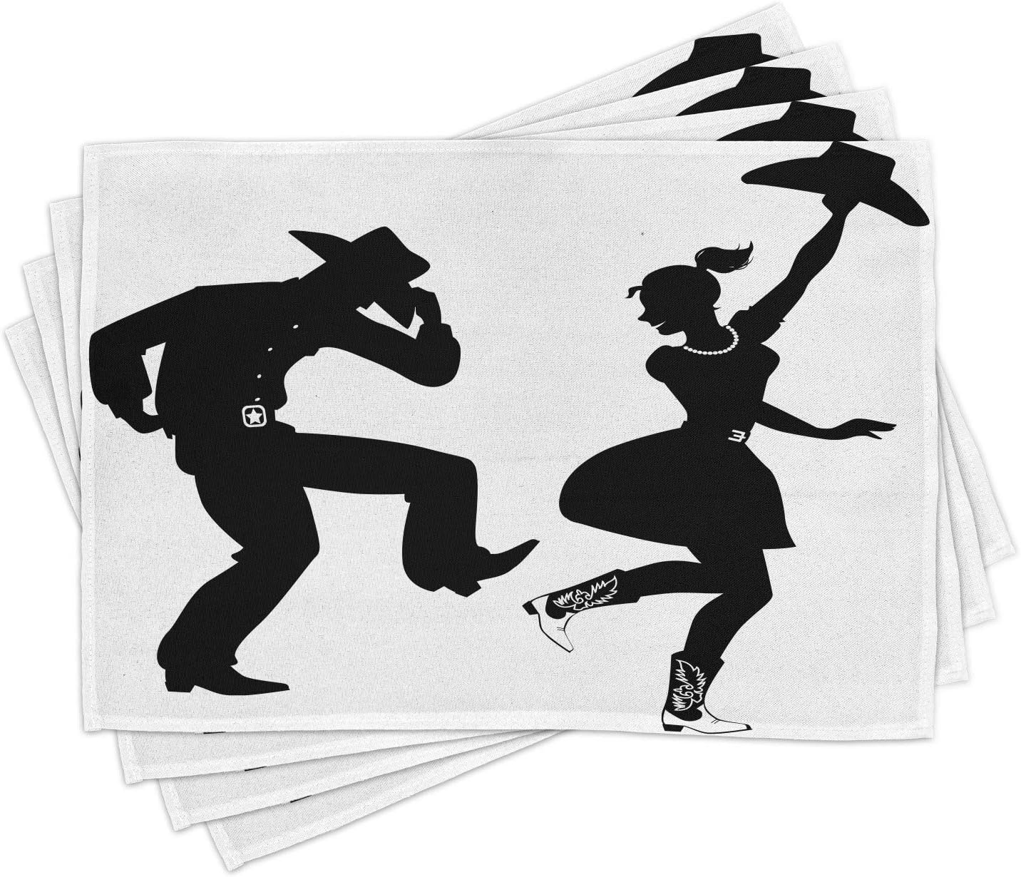 Lunarable Western Place Mats Set of 4, Black Silhouette of Couple Dressed in Traditional Western Style Clothes Dancing, Washable Fabric Placemats for Dining Room Kitchen Table Decor, Black White