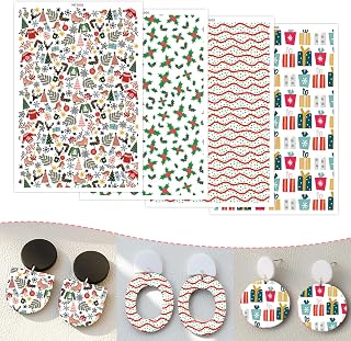 20 Sheets Christmas Transfer Paper for Earrings & Polymer Clay, Xmas Elements Holly Leaf Water Soluble Transfer Sheet for Polymer Clay DIY Art Crafts Jewelry Earrings Making Supplies 5.82X3.9 in