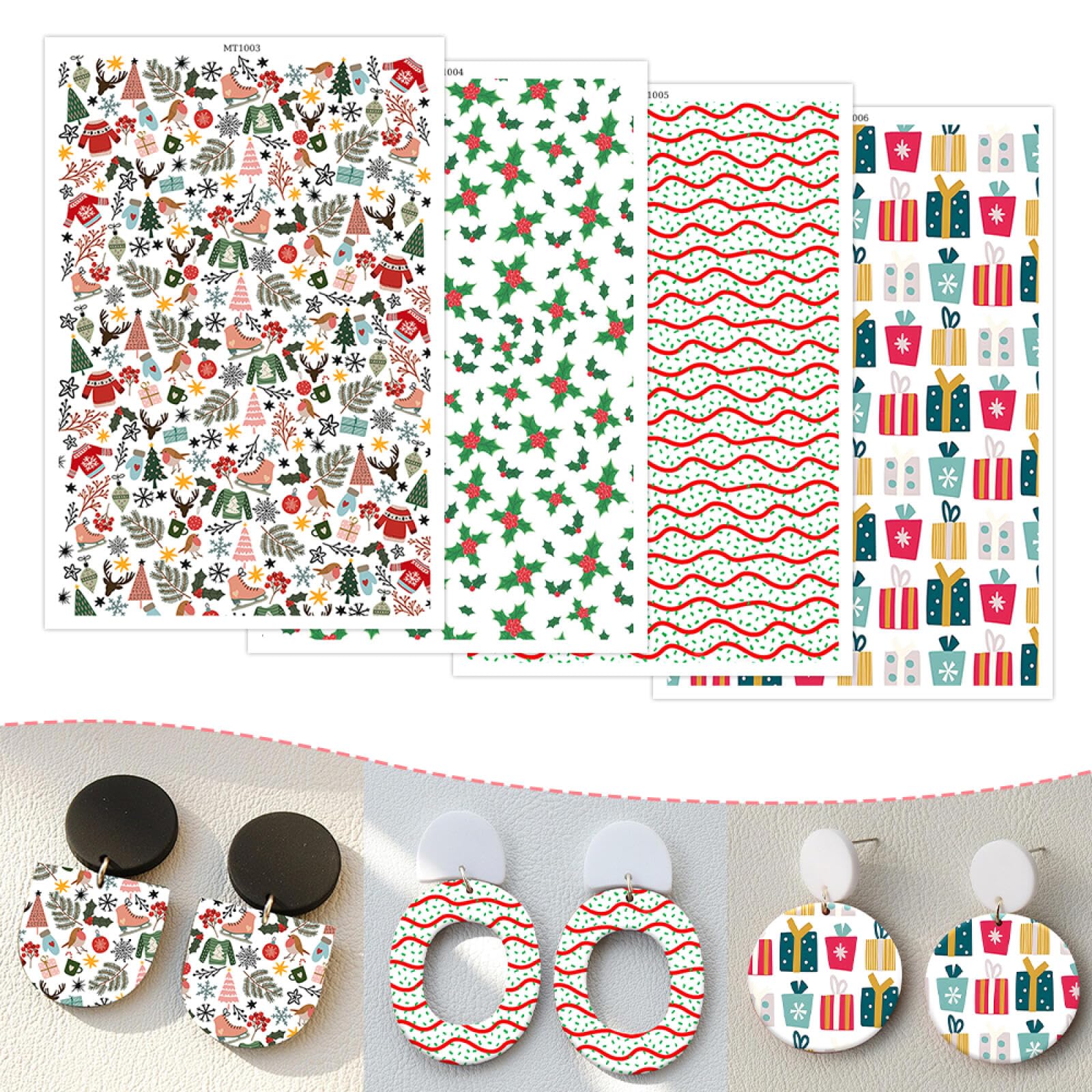 20 Sheets Christmas Transfer Paper for Earrings & Polymer Clay, Xmas Elements Holly Leaf Water Soluble Transfer Sheet for Polymer Clay DIY Art Crafts Jewelry Earrings Making Supplies 5.82X3.9 in