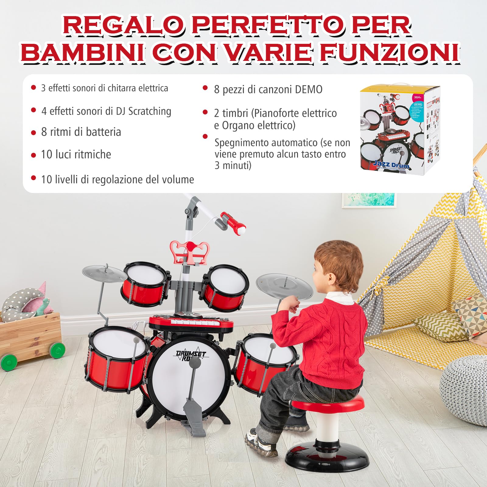 RELAX4LIFE Set di Batteria per Bambini, Giocattoli Musicali Elettronici con Tastiera e Microfono, Batteria Jazz con Sgabello per Bambini 3+ Anni, Rosso